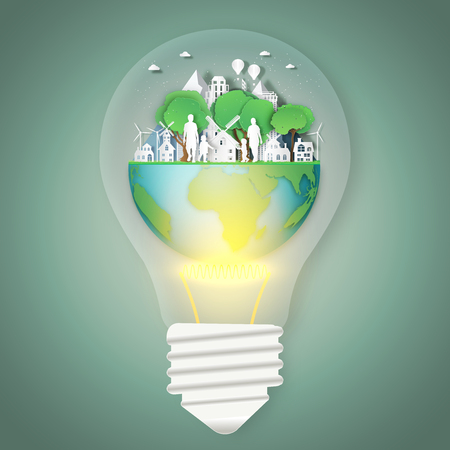 Happy family with house on summer, fresh air in the park in the light bulb as nature, healthy, paper art and craft style concept. vector illustration.のイラスト素材