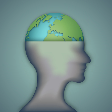 Green earth brain on human head isolated as business, science, ecology idea, intelligent world, paper carve art and craft style concept. vector illustration.のイラスト素材