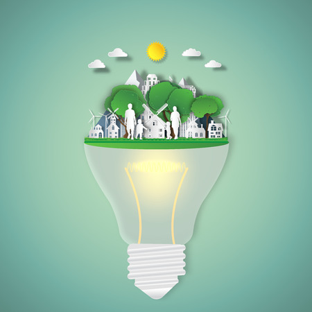 Happy family in the morning countryside house on summer, fresh air in the park on the light bulb as nature, healthy, paper art and craft style concept. vector illustration.のイラスト素材