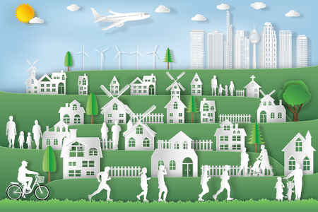 landscape of peoples exercise and relax in the morning city on summer, fresh air in the park as nature, healthy, paper art and craft style concept. vector illustrationのイラスト素材