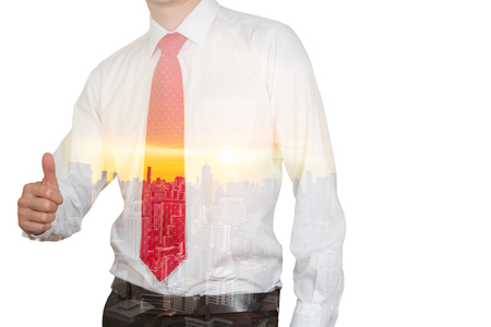 Double exposure of businessman give a thumbs up for compliment and cityscape at sunset isolated on white background as business, praise, congratulate, good and like concept.の写真素材