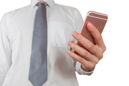 Businessman use smartphone, communication 4G 5G network telephone on white background for free space text as business, technology and telecom conceptの写真素材