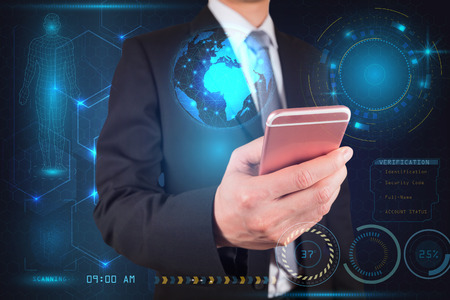 Businessman use smartphone for access security futuristic hi-tech as business, technology, communication and innovation concept.の写真素材