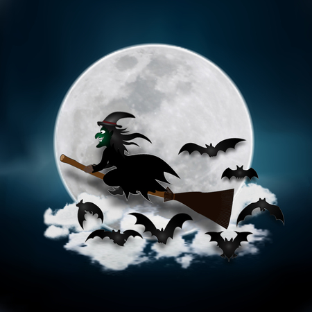 The witch fly in the dark night and full moon as Halloween day concept. vector illustration.のイラスト素材