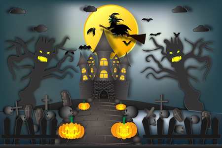 Witch riding broom flying over haunted castle in the dark night and full moon background as happy Halloween day and party concept. vector illustration.のイラスト素材