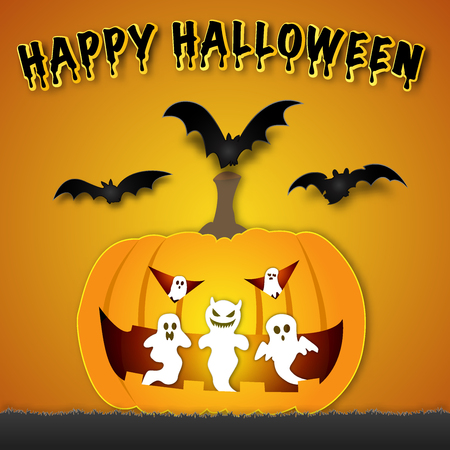 white ghosts out from evil pumpkin in the dark night background as happy festival day and party concept. vector illustration.のイラスト素材