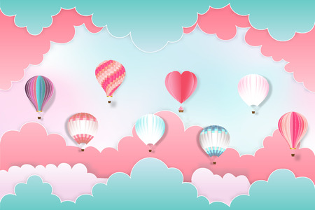 Colorful of hot air balloons on the pastel sky background as design paper art and craft style concept. vector illustrationのイラスト素材