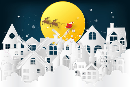 Santa Claus on Sleigh and Reindeer over the snow city clouds and merry christmas in the winter background as holiday and x'mas day concept. vector illustration.のイラスト素材