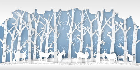 Snow goats in forest in the winter season with trees as nature, life , Paper art and digital craft style concept. vector illustrationのイラスト素材