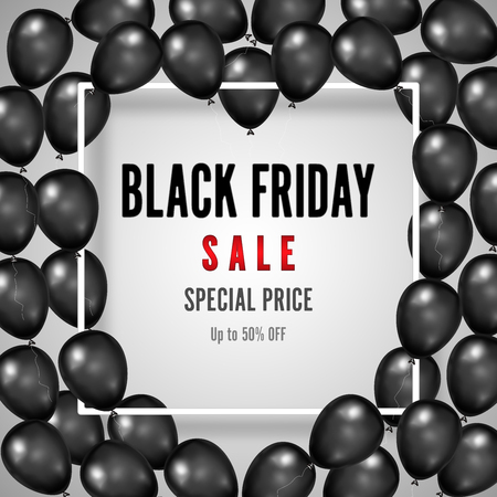 Black Friday with heart shiny Balloons on white square frame background as business , discount , promotion and Sale Poster concept. Vector illustration.のイラスト素材