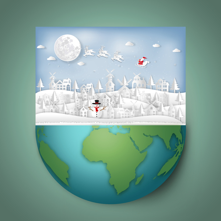 Paper art and cut  craft style design of Santa Claus on Sleigh and Reindeer in village and snowman on hemisphere green world as holiday and merry christmas or x'mas day concept. vector illustration.のイラスト素材