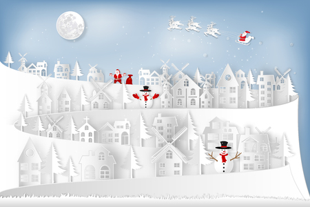 Paper art and cut  craft style design of Santa Claus on Sleigh and Reindeer in snow village and snowman in winter background as holiday and merry Christmas or X'mas day concept. vector illustration.のイラスト素材