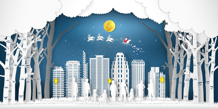 Paper art  and cut of Santa Claus on the sky with people and forest and snow cityscape in the winter season as digital craft style concept. vector illustrationのイラスト素材