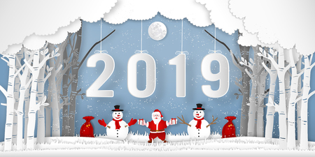 Paper art, cut and digital craft style of anta Claus on Sleigh and Reindeer with 2019 label in the merry christmas night and  happy new year 2019 as holiday and x'mas day concept. vector illustration.のイラスト素材