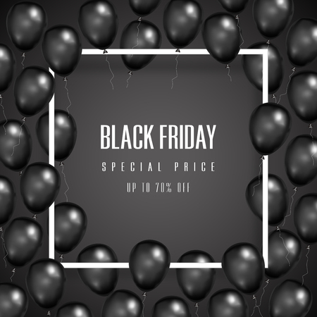 Black Friday with shiny Balloons on square frame background as business , discount , promotion and Sale Poster concept. Vector illustration.のイラスト素材