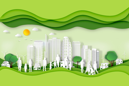 Paper art , cut and craft style of green eco urban city with people and nature cityscape background as Ecology design and environment conservation creative idea concept. Vector illustration.のイラスト素材
