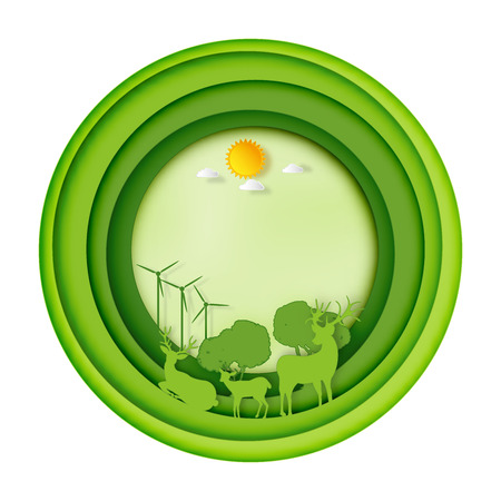 Paper art , cut and craft style of Green forest and deers wildlife in circle nature background layers as Saving the world with ecology and environment conservation concept. Vector illustration.のイラスト素材
