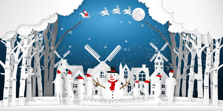 Paper art, cut and digital craft style of anta Claus on Sleigh and Reindeer with Children party and enjoy in the merry christmas night as holiday and x'mas day concept. vector illustration.のイラスト素材