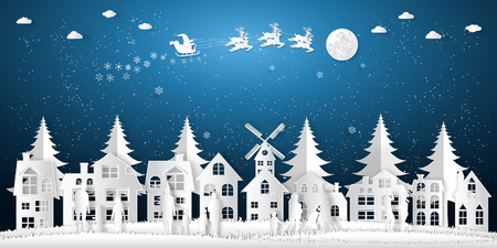 Paper art , cut and digital craft style of Santa Claus on Sleigh and Reindeer , People come out to celebrate merry christmas in the winter background as holiday and x'mas concept. vector illustration.のイラスト素材