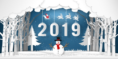 Paper art, cut and digital craft style of Santa Claus on Sleigh, Reindeer and snowman in winter season with trees , forest and snow as Merry Christmas and Happy New Year concept. vector illustrationのイラスト素材