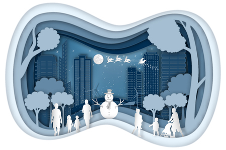Paper art and cut digital Carving layer design of Santa Claus on Sleigh and Reindeers in the snow winter and merry christmas background as craft style and x'mas day concept. vector illustration.のイラスト素材