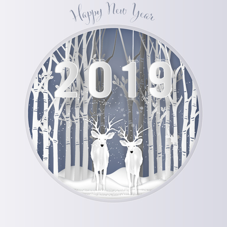 Paper art , cut and digital craft style of Deer in ther forest with snow and snowflakes as Merry Christmas day and Happy New Year 2019 concept. vector illustrationのイラスト素材