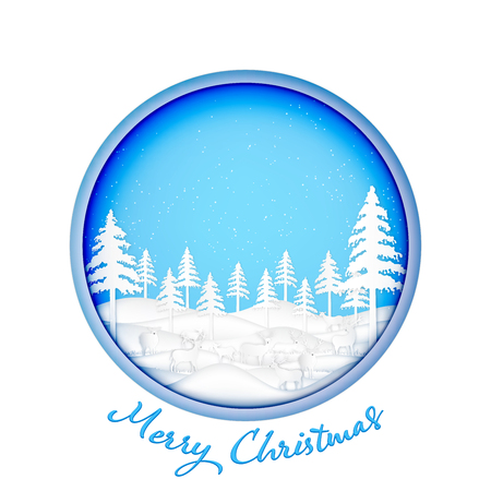 Paper art , cut and digital craft style of Deers in the forest pine with snow as Hello Winter , Merry Christmas day and Happy New Year concept. vector illustrationのイラスト素材