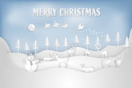 Paper art , cut and digital craft style of Santa Claus on Sleigh, Reindeer and snowman in the winter season  and snow on sky as Merry Christmas and Happy New Year 2019 concept. vector illustrationのイラスト素材