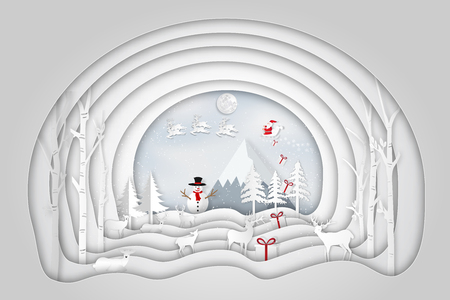 Paper art , cut and digital craft layer style of Santa Claus on Sleigh and Reindeer in the snow village and snowman in the winter background as holiday and merry christmas or x'mas day concept. vector illustration.のイラスト素材