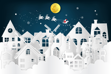 Paper art , cut and digital craft style of Santa Claus on Sleigh and Reindeer over the snow city clouds and merry christmas in the winter background as holiday and x'mas concept. vector illustration.のイラスト素材