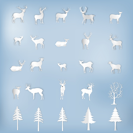 Deers , reindeers and tree christmas set isolated on blue background as montage , compose xmas festival and happy new year concept. vector illustrationのイラスト素材