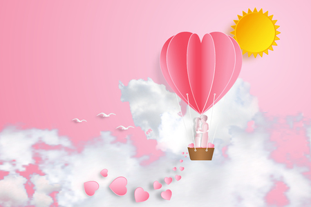 Paper art , cut and digital craft style of the lover in hot air heart balloon on pink sky and sunny as love, happy valentine's day and wedding concept. vector illustration.のイラスト素材