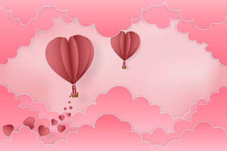 Paper art , cut and digital craft style of the lover in hot air balloons on pink sky and clouds background as love , wedding and valentine day concept. vector illustrationのイラスト素材