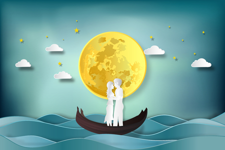 Paper art , cut and digital craft style of the lover in the boat on sea and full moon as romantic , married and honeymoon concept. vector illustrationのイラスト素材