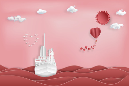 Paper art , cut and digital craft style of the lover in the boat on sea with heart hot air balloon and sunny on pink sky background as romantic , married and honeymoon concept. vector illustrationのイラスト素材
