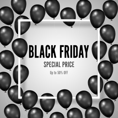 Black Friday with shiny Balloons on white square frame background as business , discount , promotion and Sale Poster concept. Vector illustration.のイラスト素材