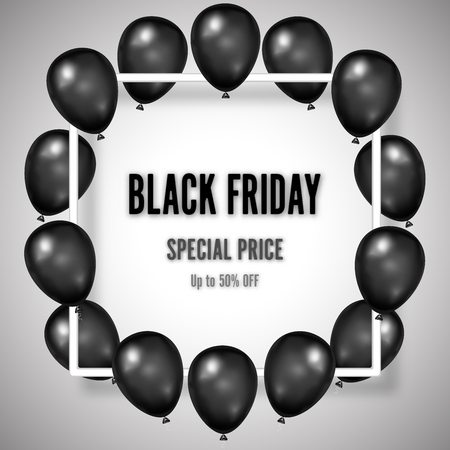 Black Friday with shiny Balloons on white square frame background as business , discount , promotion and Sale Poster concept. Vector illustration.のイラスト素材