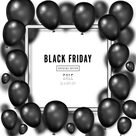 Black Friday with shiny Balloons on white square frame background as business , discount , promotion and Sale Poster concept. Vector illustration.のイラスト素材