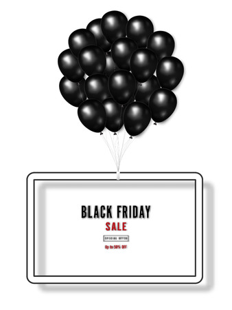 Black Friday with shiny Balloons on white square frame background as business , discount , promotion and Sale Poster concept. Vector illustration.のイラスト素材