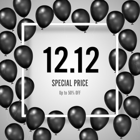 Black Friday with shiny Balloons and twelve on white square frame background as business , discount , promotion and Sale Poster concept. Vector illustration.のイラスト素材