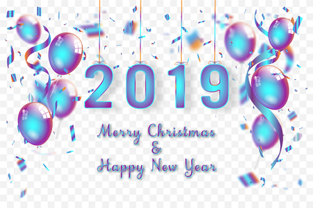 Confetti and Titanium rainbow ribbons celebration Merry Christmas and Happy New Year 2019 on transparent background as template concept. vector illustrationのイラスト素材