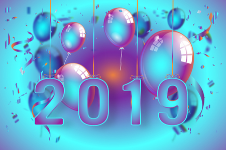 Confetti and Titanium rainbow ribbons celebration Happy New Year 2019 on colorful background as template concept. vector illustrationのイラスト素材