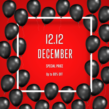 Twelve and twelve in December with shiny Balloons and twelve on white square frame and red background as business , discount , promotion and Sale Poster concept. Vector illustrationのイラスト素材