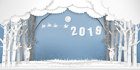 Paper art , cut and digital craft style of Santa Claus on Sleigh and Reindeer and deers in winter forest background as merry christmas , x'mas and Happy New Year concept. vector illustration.のイラスト素材