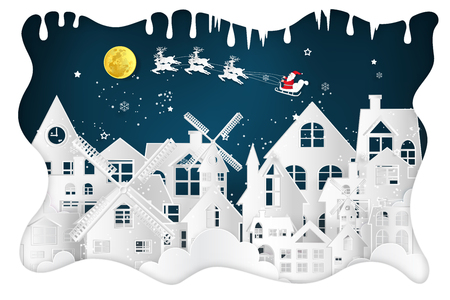Paper art , cut and digital craft style of Santa Claus on Sleigh and Reindeer over snow city clouds and merry christmas in winter background as holiday and x'mas day concept. vector illustration.のイラスト素材