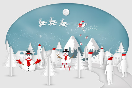 Paper art, cut and digital craft style of anta Claus on Sleigh and Reindeer with Children party and enjoy in the merry christmas night as x'mas and happy new year concept. vector illustration.のイラスト素材