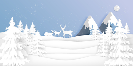 Paper art , cut and digital craft style of Deers in the pine forest in the winter season with trees and snow  as holiday and happy new year concept. vector illustrationのイラスト素材