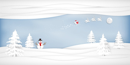 Paper art, cut and digital craft style of Santa Claus on Sleigh and Reindeer with snowman in the merry christmas night and  happy new year 2019 as holiday and x'mas day concept. vector illustration.のイラスト素材