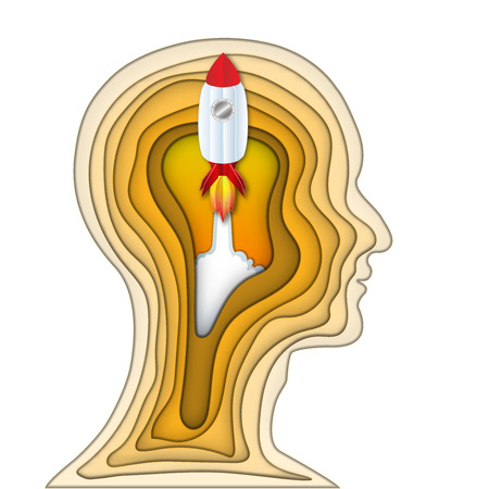 Paper art and carve cut layer of human head and rocket launch startup in the brain as business, science,intelligence idea, art and craft style concept. vector illustration.のイラスト素材