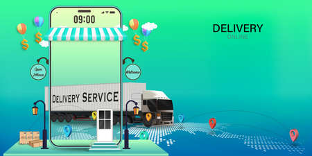 Logistics Online delivery service, online order tracking,Delivery home and office. City logistics. Warehouse, truck, forklift, courier. vector illustration.のイラスト素材